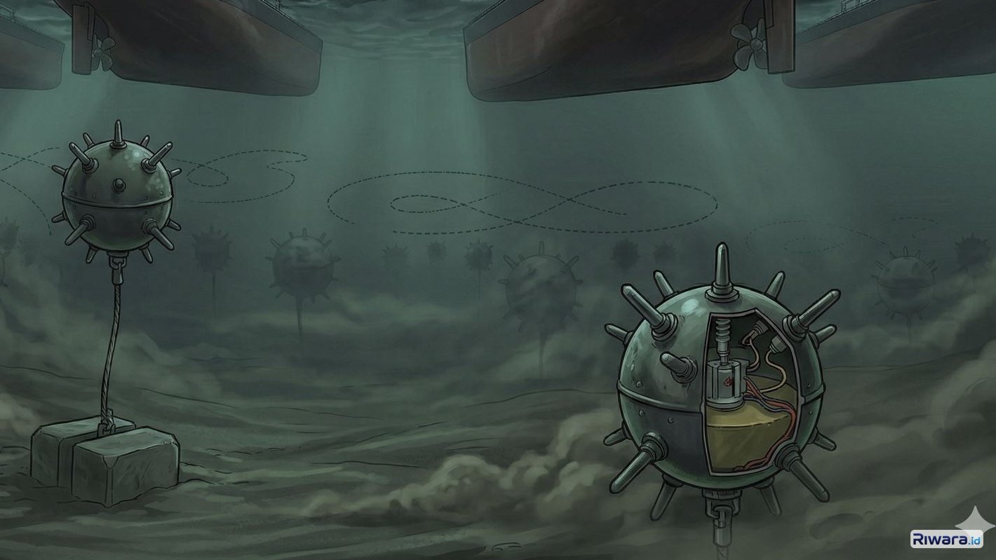 Ilustrasi ranjau laut di Selat Hormuz, dibuat dengan bantuan Gemini AI